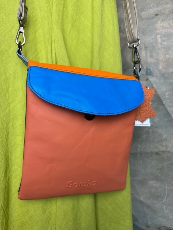Soruka burgundy leather crossbody bag with orange trim and silver zipper, colorblock mini purse with chain strap - 13
