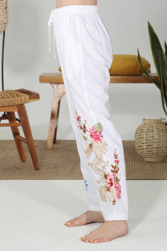 3047 Linen Tapered Pant w/embroidered Dragon-White