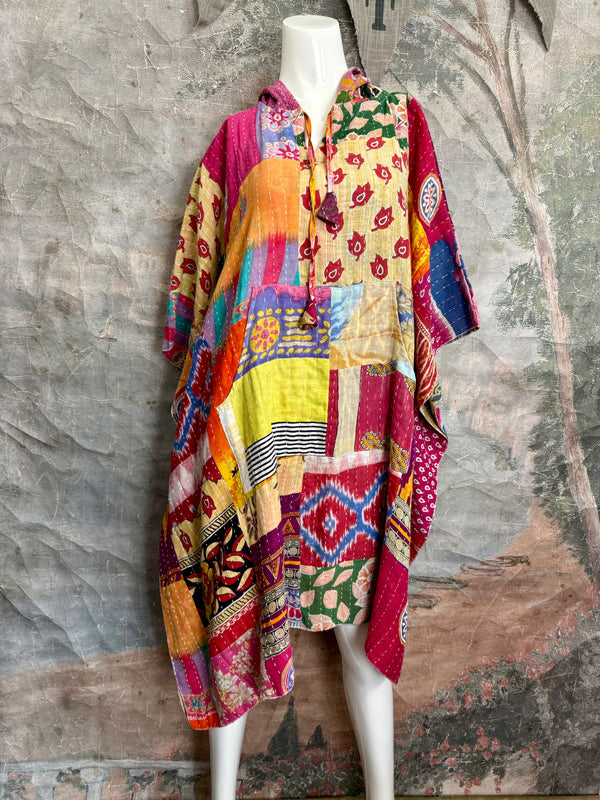 1012w Kantha Poncho Hoodie Dress-2