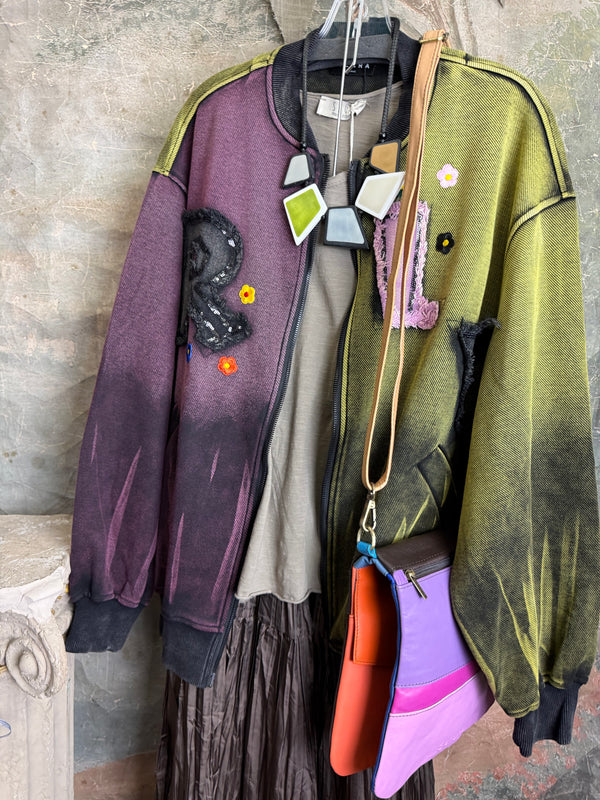 Sequin R&L patch bomber jacket in purple and yellow-green ombre with floral accents, styled with tiered maxi skirt - 13