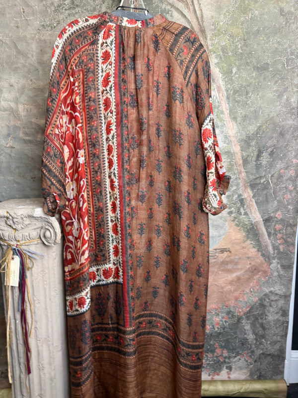 DYM287 Bohemian floral block print poet maxi dress in rust red and brown with chain necklace accent - 9