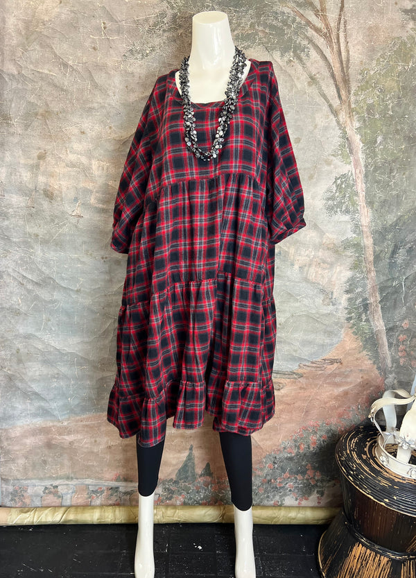 5543 Baby Doll Flannel Top-RED PLAID