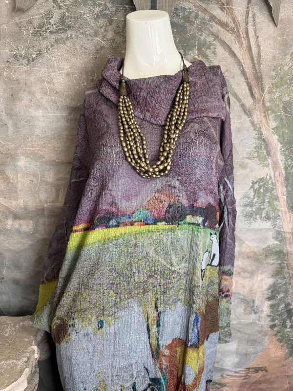 D540 Waffle Knit Cowlneck Dress in colorful abstract cat print with long sleeves and midi length - 4