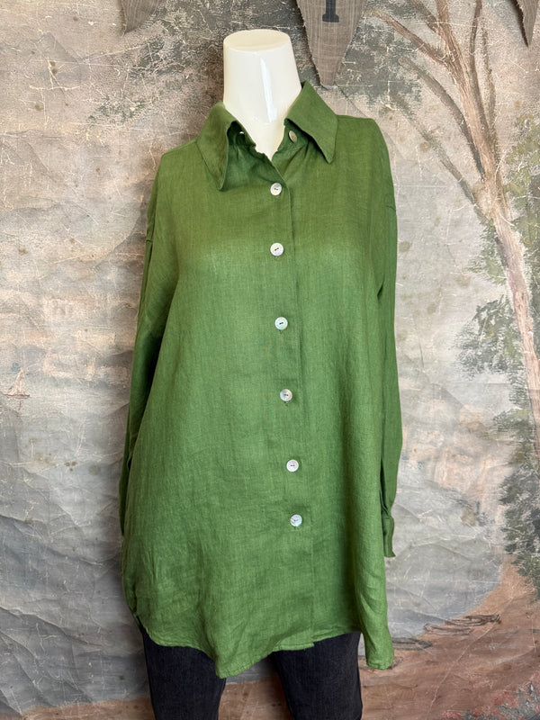5021 Bettys Linen BF Bow Shirt-Dark Green