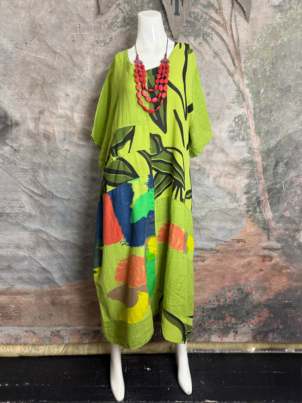 90617P-23 Linen Paint Dress-Kiwi