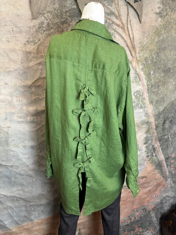 5021 Bettys Linen BF Bow Shirt-Dark Green