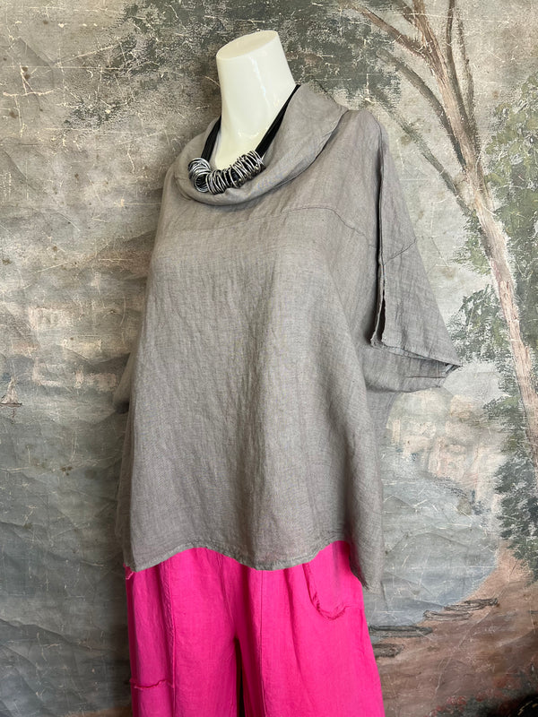 6250 Linen Cowl Neck Boxy Top-Taupe
