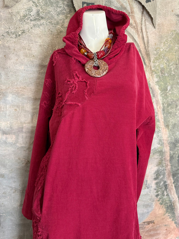 92178-62 Needlework Hoody Dress-Burgundy