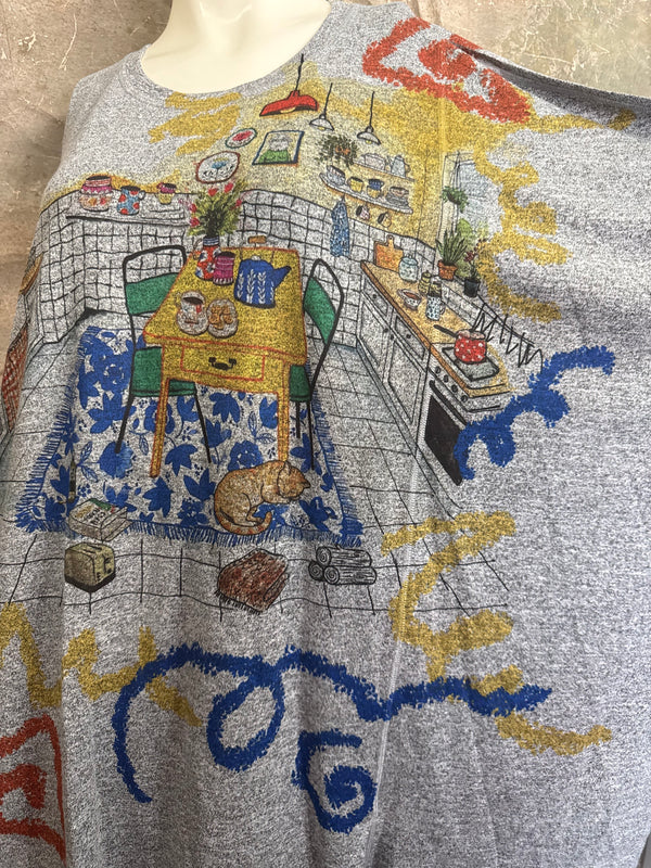 Gray oversized crew pullover sweater with colorful Nona's Kitchen interior scene print and abstract brushstroke details - 9