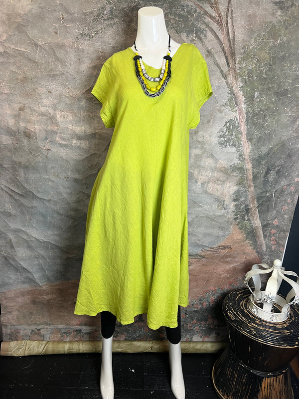 30638 Linen V-neck Flare Dress-Moss Green