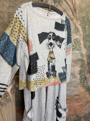 T434F Dolman Sleeve Crewneck Top Mister Patches gray abstract patchwork cat print with blue beaded necklace - 2