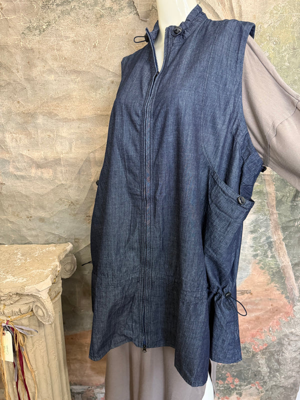 Long denim zip-front sleeveless vest with drawstring hem displayed on mannequin, boutique Merritt style - 7