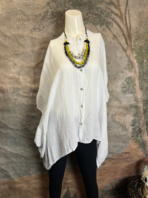 31163 Linen Mandarin Collar Top-White