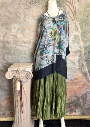 T1597 Waffle Knit Pullover with graffiti print over olive green crinkle tiered skirt on mannequin - 1