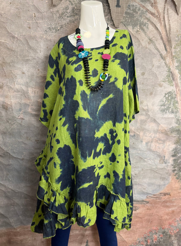 91307T-62 Ruffle Tie-Dye Tunic-Kiwi