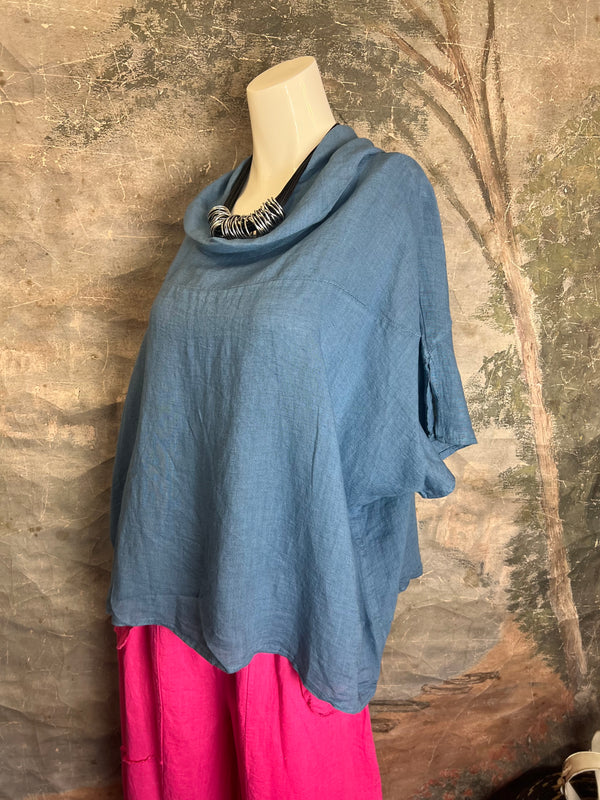 6250 Linen Cowl Neck Boxy Top-Denim