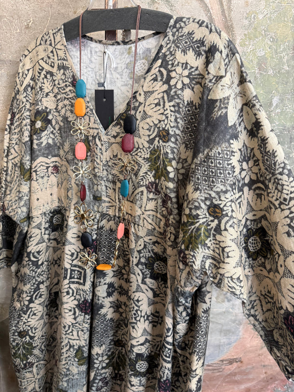 Grey combo floral batik print maxi dress with colorful beaded necklace displayed on hanger, boho boutique style DYM62523 - 3