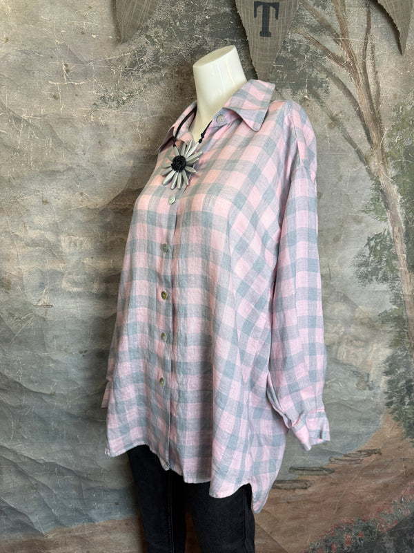 5021 Bettys Linen BF Bow Shirt-PINK/GREY BUFFALO PLAID