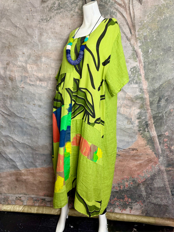 90617P-23 Linen Paint Dress-Kiwi