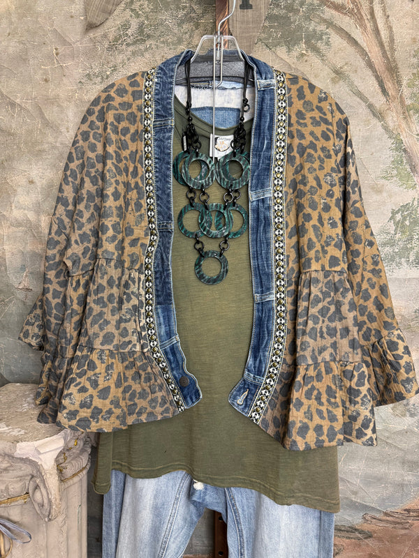 Leopard print Juno Cardigan with denim trim over olive tee and distressed jeans with turquoise ring necklace - 7
