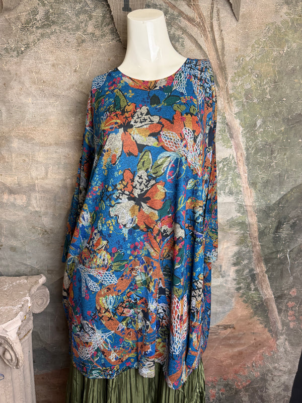 Oversized blue floral print crew pullover with orange and multicolor botanical pattern, long sleeves, relaxed fit - 7