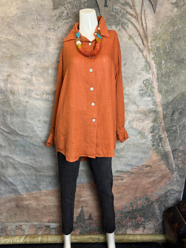 5021 Bettys Linen BF Bow Shirt-BRICK