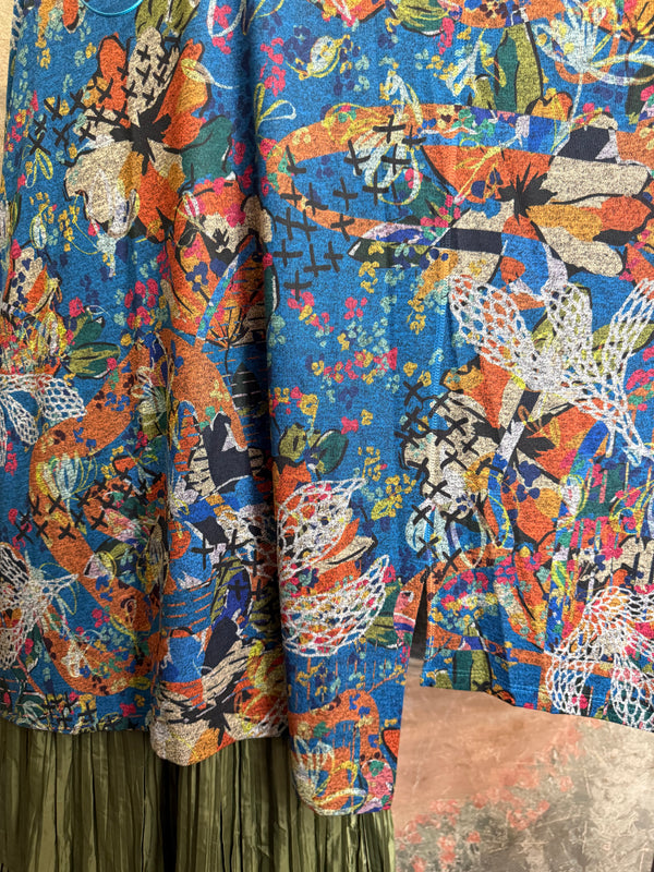 Oversized blue floral print crew pullover with orange and multicolor botanical pattern, long sleeves, relaxed fit - 6