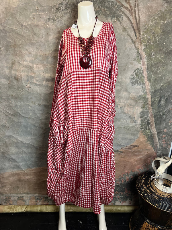 5210 Checked 3 Tier Silk Dress-Red/Check