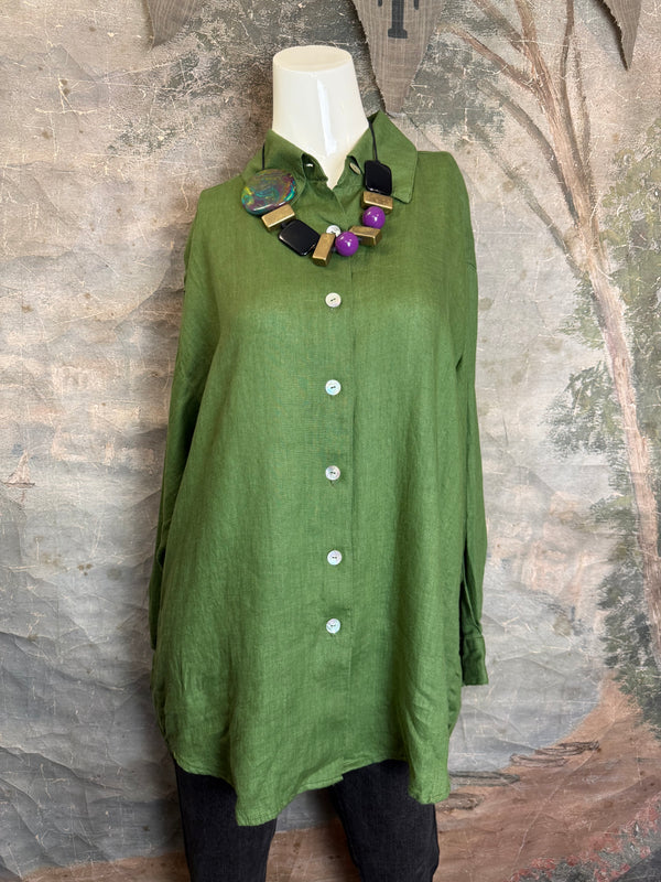 5021 Bettys Linen BF Bow Shirt-Dark Green