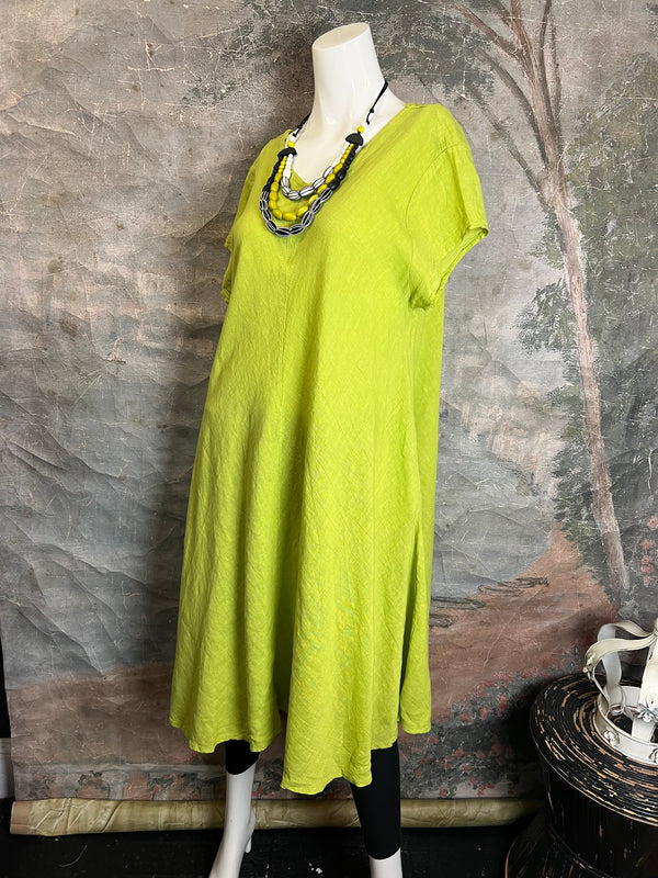 30638 Linen V-neck Flare Dress-Moss Green
