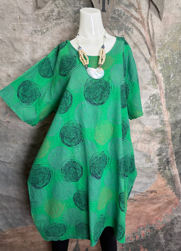 91311A Circles Drawstring Dress-Green