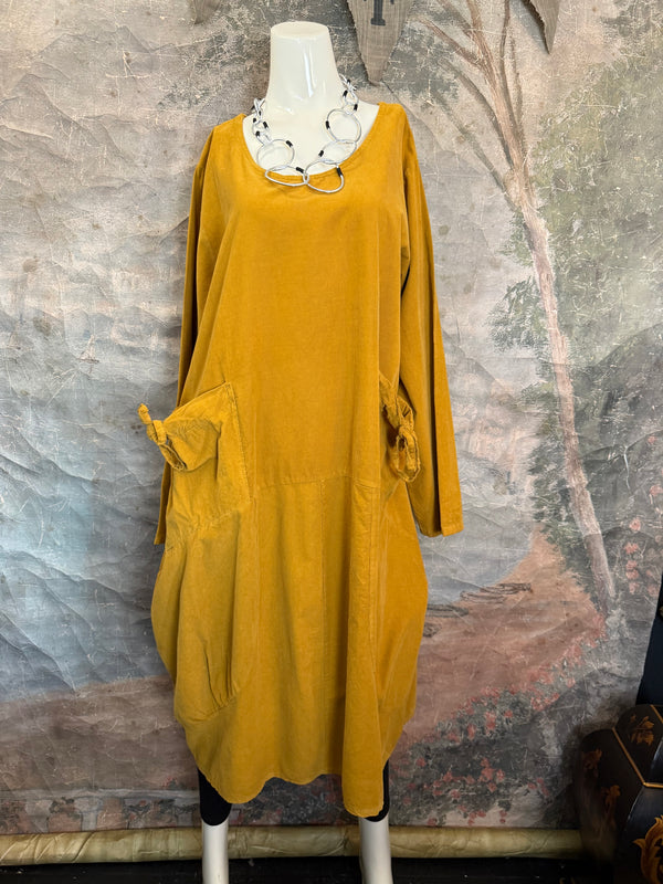 92003 Corduroy Pocket Dress-Mustard