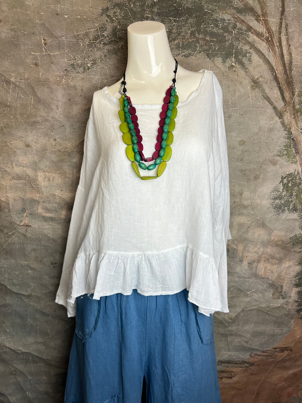 31172 Linen Ruffle Hem Crop Top-White