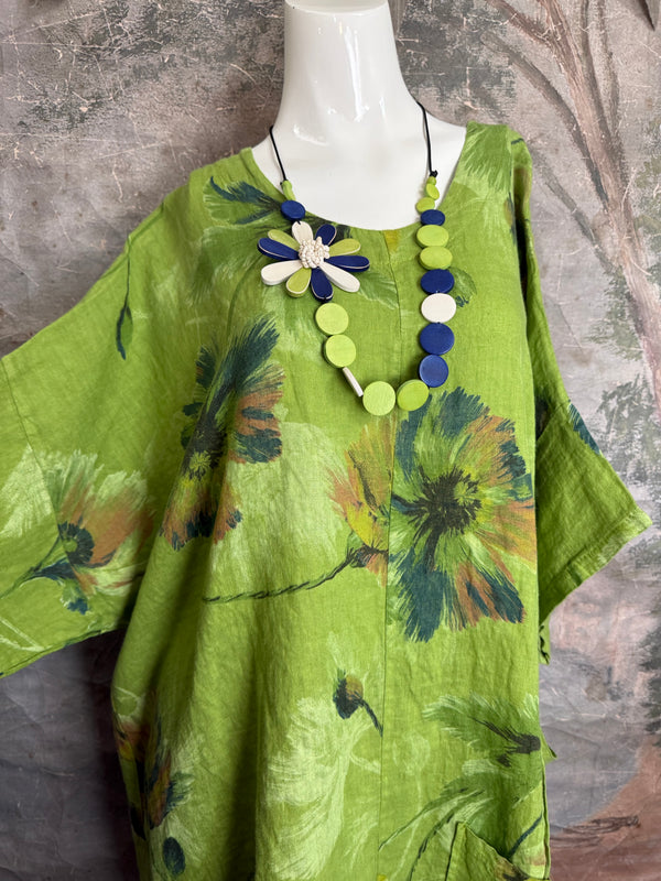 91225 Flower Garden Linen Top-Kiwi