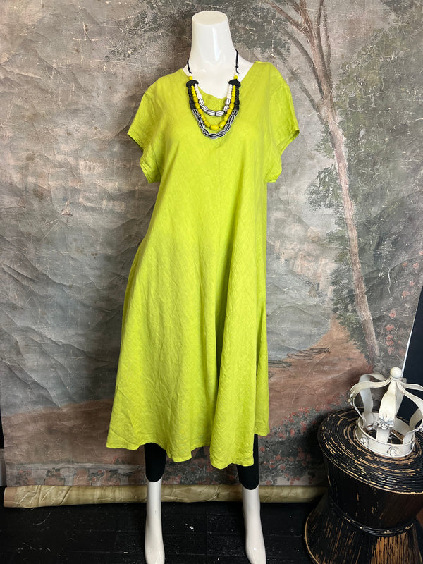 30638 Linen V-neck Flare Dress-Moss Green