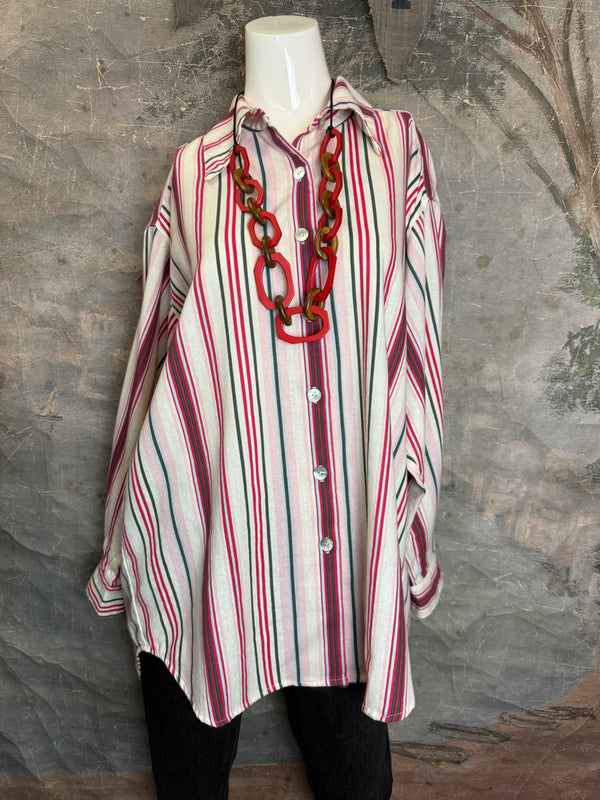 5021 Bettys Linen BF Bow Shirt-CANDYCANE