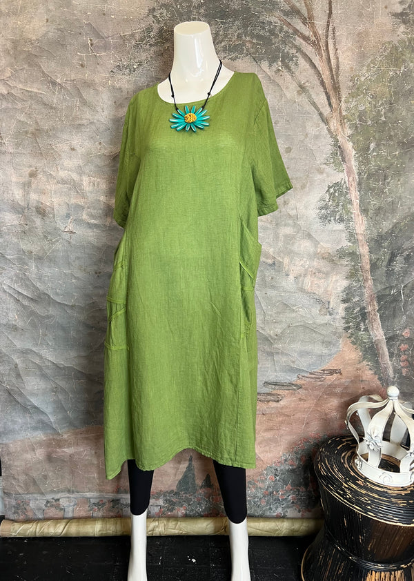 31173GN Linen Tape Accent Dress-Kiwi
