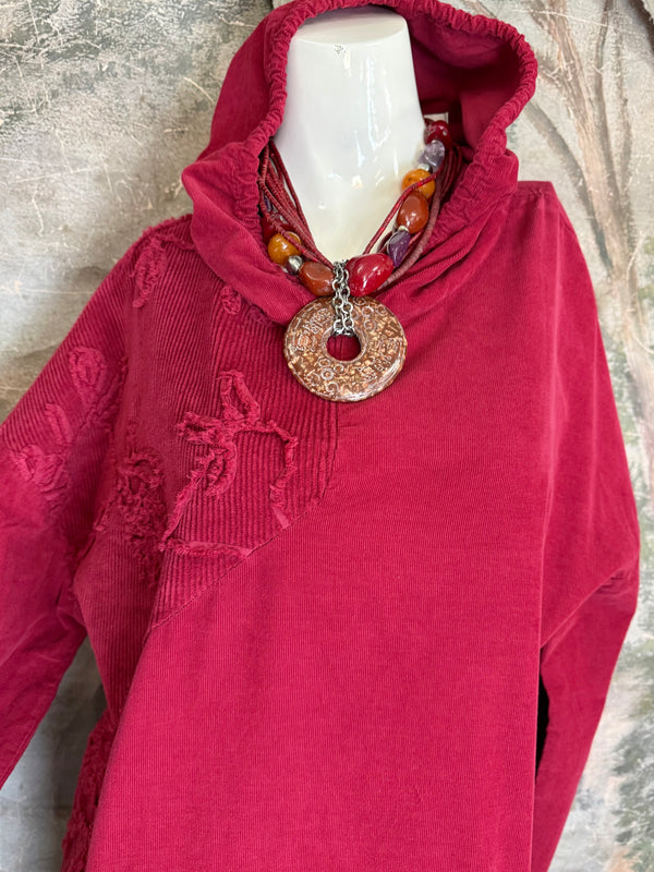 92178-62 Needlework Hoody Dress-Burgundy