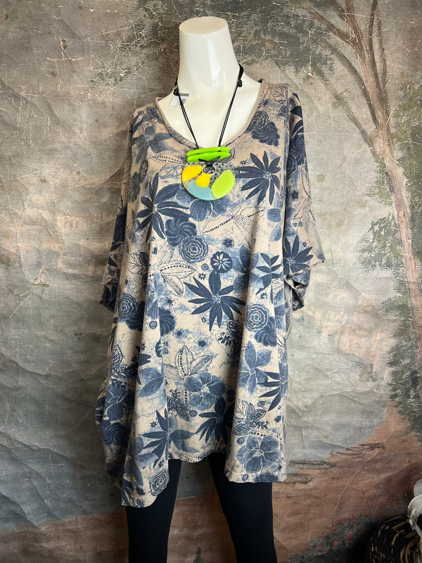ID715 Floral Elbow Tunic Tshirt-Mushroom