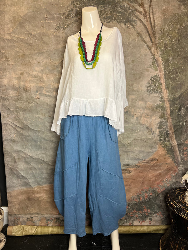 31172 Linen Ruffle Hem Crop Top-White