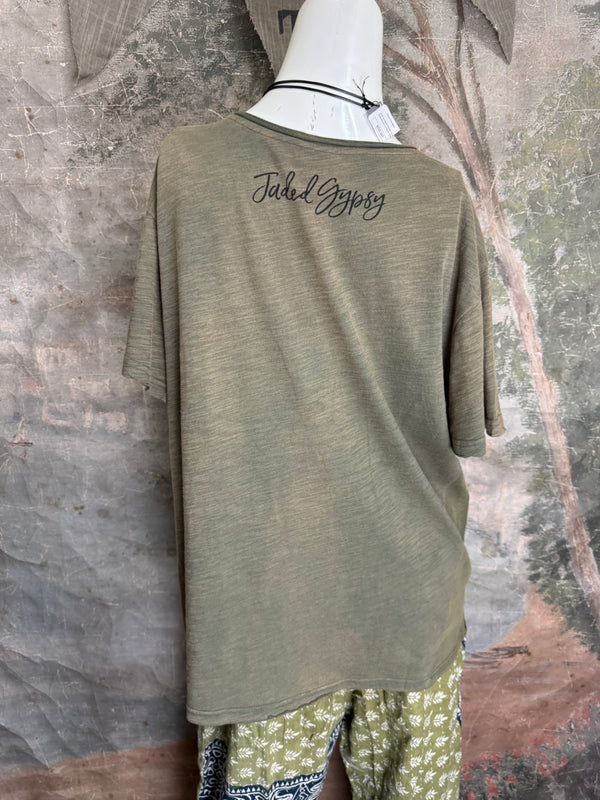 JG- Moon Dance V-Neck Tee-Vintage Moss