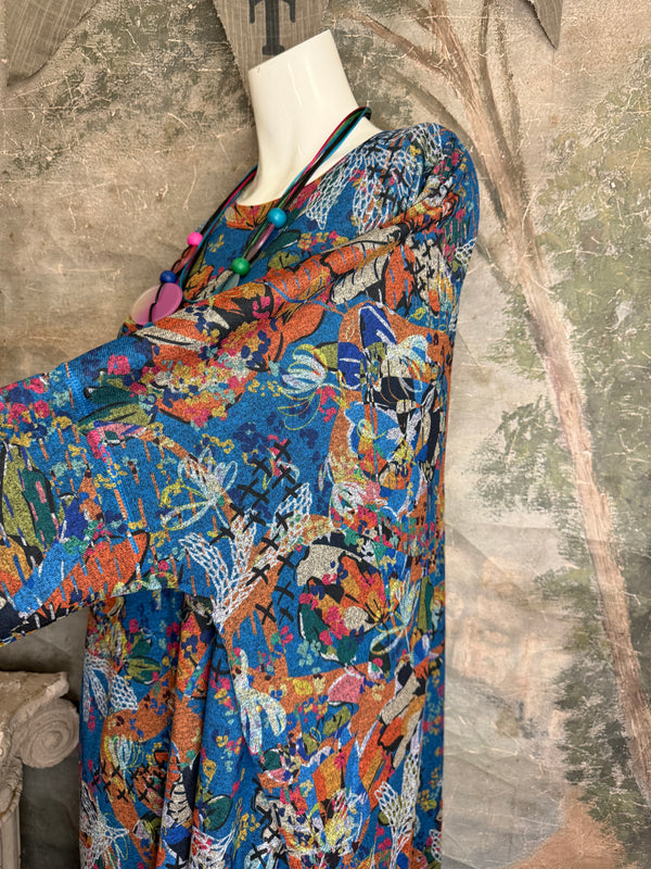 Oversized blue floral print crew pullover with orange and multicolor botanical pattern, long sleeves, relaxed fit - 3