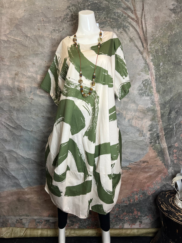 91907 ART Brush Stroke Dress-Olive