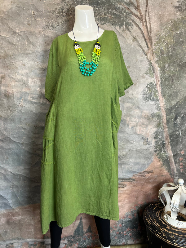 31173GN Linen Tape Accent Dress-Kiwi