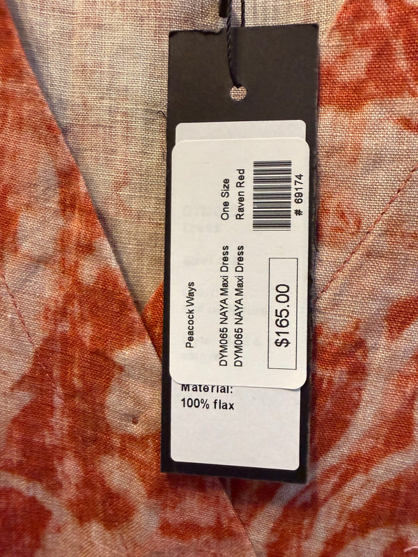 Peacock Ways NAYA Maxi Dress in Raven Red, 100% flax one size boho tie-dye pattern, $165 - 1