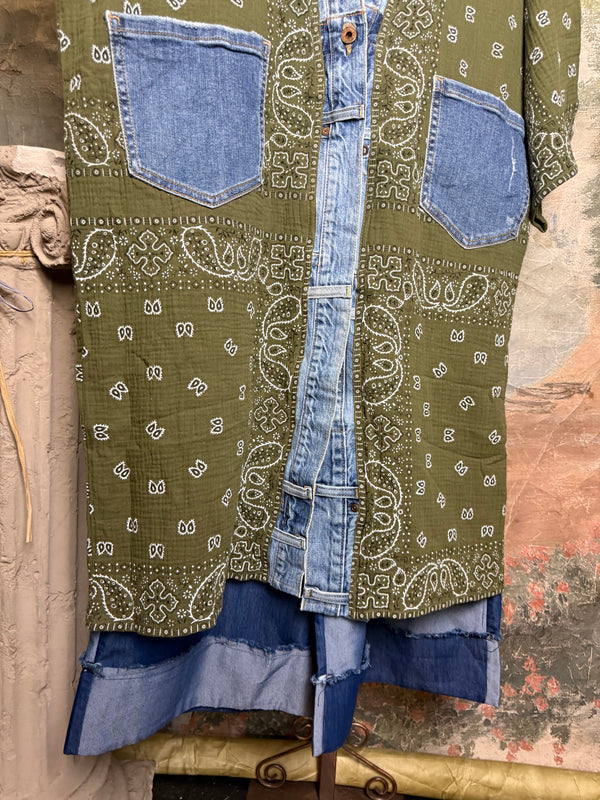Olive bandana paisley print long kimono cardigan with light blue denim trim and front patch pockets - 7