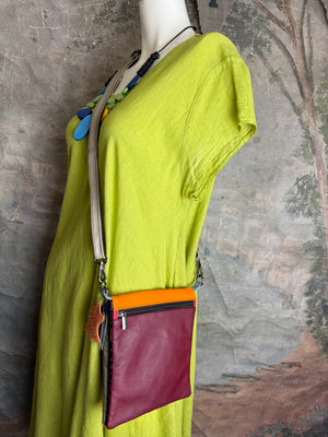 Soruka burgundy leather crossbody bag with orange trim and silver zipper, colorblock mini purse with chain strap - 2