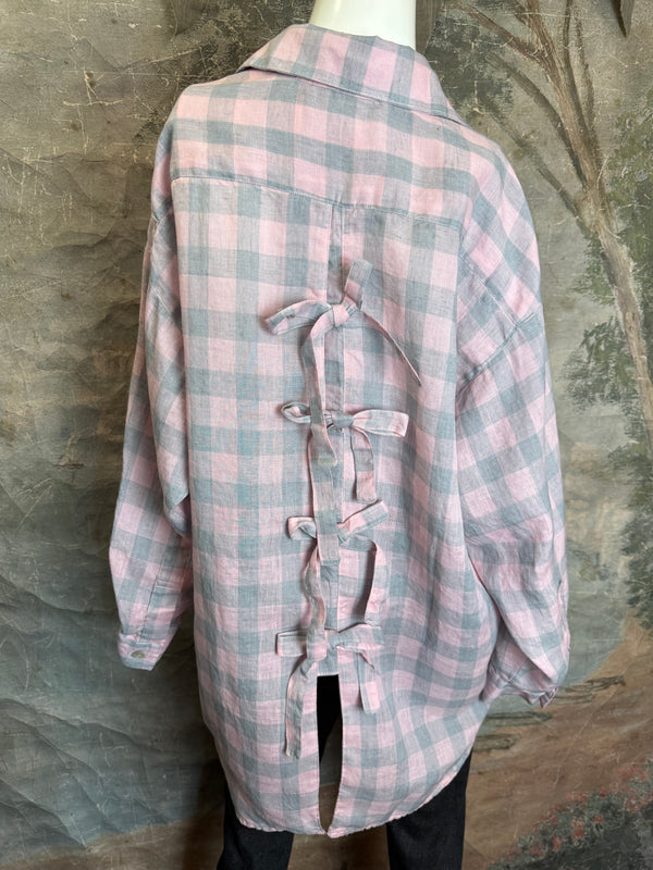 5021 Bettys Linen BF Bow Shirt-PINK/GREY BUFFALO PLAID