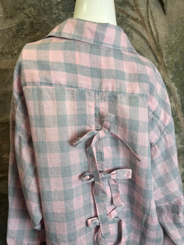 5021 Bettys Linen BF Bow Shirt-PINK/GREY BUFFALO PLAID