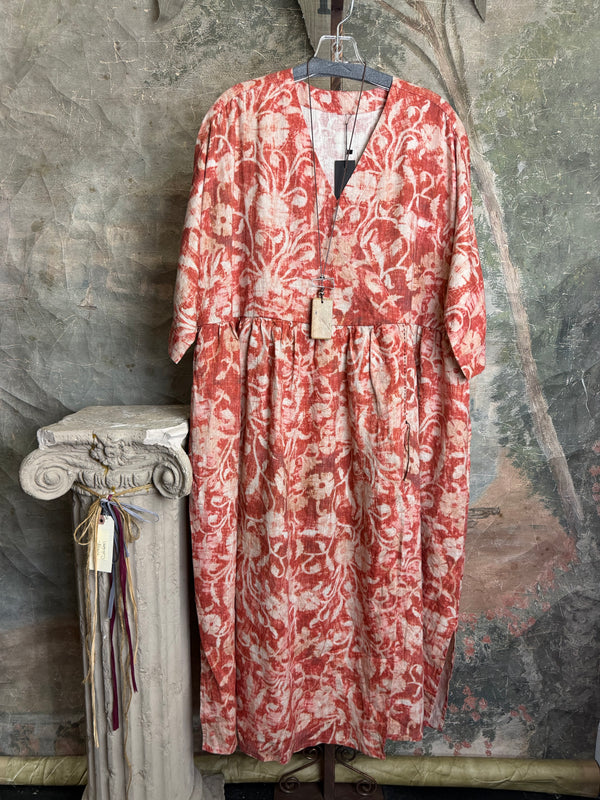 Peacock Ways NAYA Maxi Dress in Raven Red, 100% flax one size boho tie-dye pattern, $165 - 4